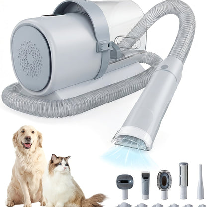 5-in-1 Pet Grooming Vacuum Kit with 99% Hair Suction – Professional Dog & Cat Clippers with 6 Guide Combs, Powerful Low-Noise Grooming Vacuum for Dogs Cats & All Pets, White Grey Blue