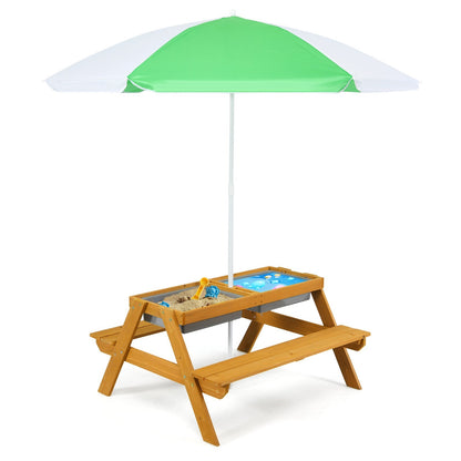 Table de pique-nique 3-en-1 pour enfants COSTWAY avec parasol réglable – Table d'activités en bois pour sable et eau, plateau amovible, capacité de 50 kg, ensemble de jeu intérieur et extérieur pour jardin et cour, naturel