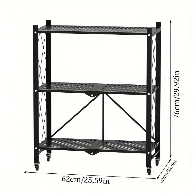 Étagère de rangement pliable en métal robuste à 3 niveaux avec roulettes, capacité de 340 kg – Unité de rayonnage roulante et mobile pour garage, cuisine, entrepôt et organisation de la maison, noir