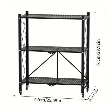 Étagère de rangement pliable en métal robuste à 3 niveaux avec roulettes, capacité de 340 kg – Unité de rayonnage roulante et mobile pour garage, cuisine, entrepôt et organisation de la maison, noir
