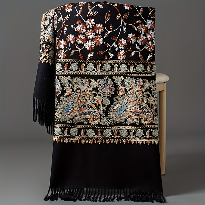 Châle en cachemire bohème pour femme – Broderie cachemire vintage avec pompons, étole légère et chaude pour le printemps et l'automne, 6 couleurs, lavable à la main, pour tenues décontractées et habillées