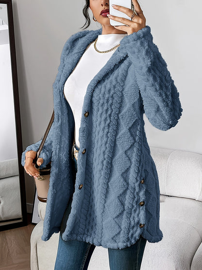 Women's Jacquard Plush Hooded Cardigan Coat – Warm Fuzzy Open Front Sweater Jacket for Autumn Winter