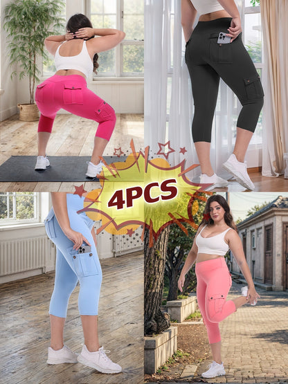 Lot de 4 pantalons de yoga Capri taille haute pour femmes, extensible dans les 4 sens, galbant, gainant, 4 poches - Leggings de sport pour la course, S-XXL, toutes saisons