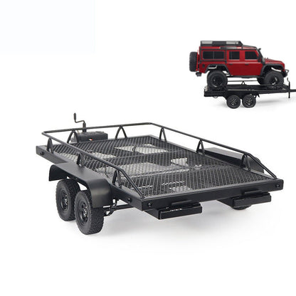 Remorque plateau en métal à double essieu à l'échelle 1/10 pour crawler RC – Compatible avec TRX4, KM2, SCX10, RC4WD, D90, longueur totale de 815 mm, capacité de charge de 50 kg+, accessoire de simulation pour voiture RC