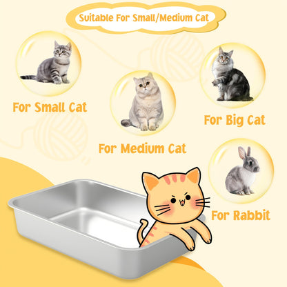 Bac à litière pour chat en acier inoxydable à bords hauts, bac anti-fuites avec pelle et plateau de tamisage, résistant à la rouille, anti-odeurs, anti-adhésif, facile à nettoyer, toilettes pour chats d'intérieur, taille moyenne à grande