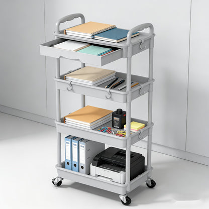 Desserte de rangement à roulettes 3 et 4 niveaux avec tiroir et roues verrouillables – Étagère de rangement multifonctionnelle en plastique pour cuisine, salle de bain, salon, bureau – 7 couleurs