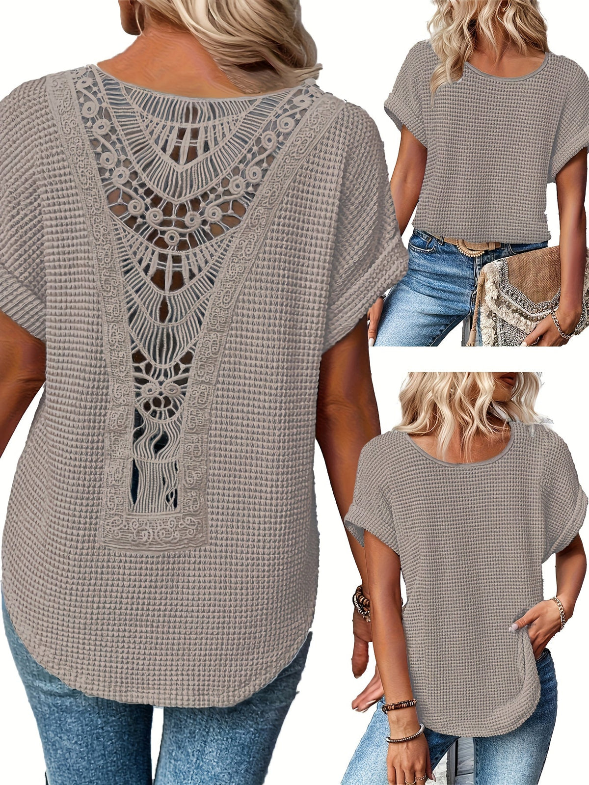 T-shirt femme été décontracté à col rond et manches courtes en patchwork de dentelle, haut fluide, bleu paon, kaki, noir, blanc, S M L XL XXL