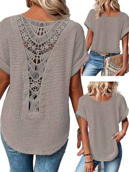 T-shirt femme été décontracté à col rond et manches courtes en patchwork de dentelle, haut fluide, bleu paon, kaki, noir, blanc, S M L XL XXL