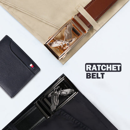 2pcs Men's Genuine Leather Belt Set with Automatic Ratchet Buckle – Adjustable Comfort Fit for 30"-44" Waist, Business & Casual Dress Belts in Black Light Brown & Black Dark Brown