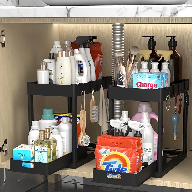 Organisateur sous évier, lot de 2 paniers coulissants à double niveau avec 8 crochets, extensible – Étagère de rangement pour cuisine et salle de bain, blanc lunaire, noir, gris