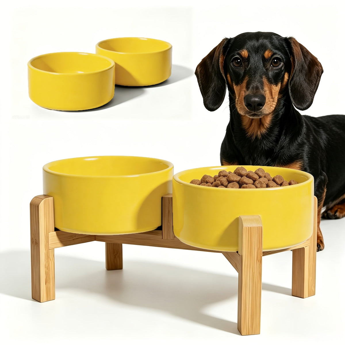 Ensemble de gamelles surélevées en céramique pour chien avec support en bambou - Double gamelle surélevée antidérapante de 850 ml pour chiens, chats et chiots, gamelle anti-glouton à hauteur réglable avec rangement (4 couleurs)