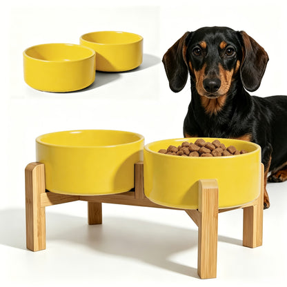 Ensemble de gamelles surélevées en céramique pour chien avec support en bambou - Double gamelle surélevée antidérapante de 850 ml pour chiens, chats et chiots, gamelle anti-glouton à hauteur réglable avec rangement (4 couleurs)