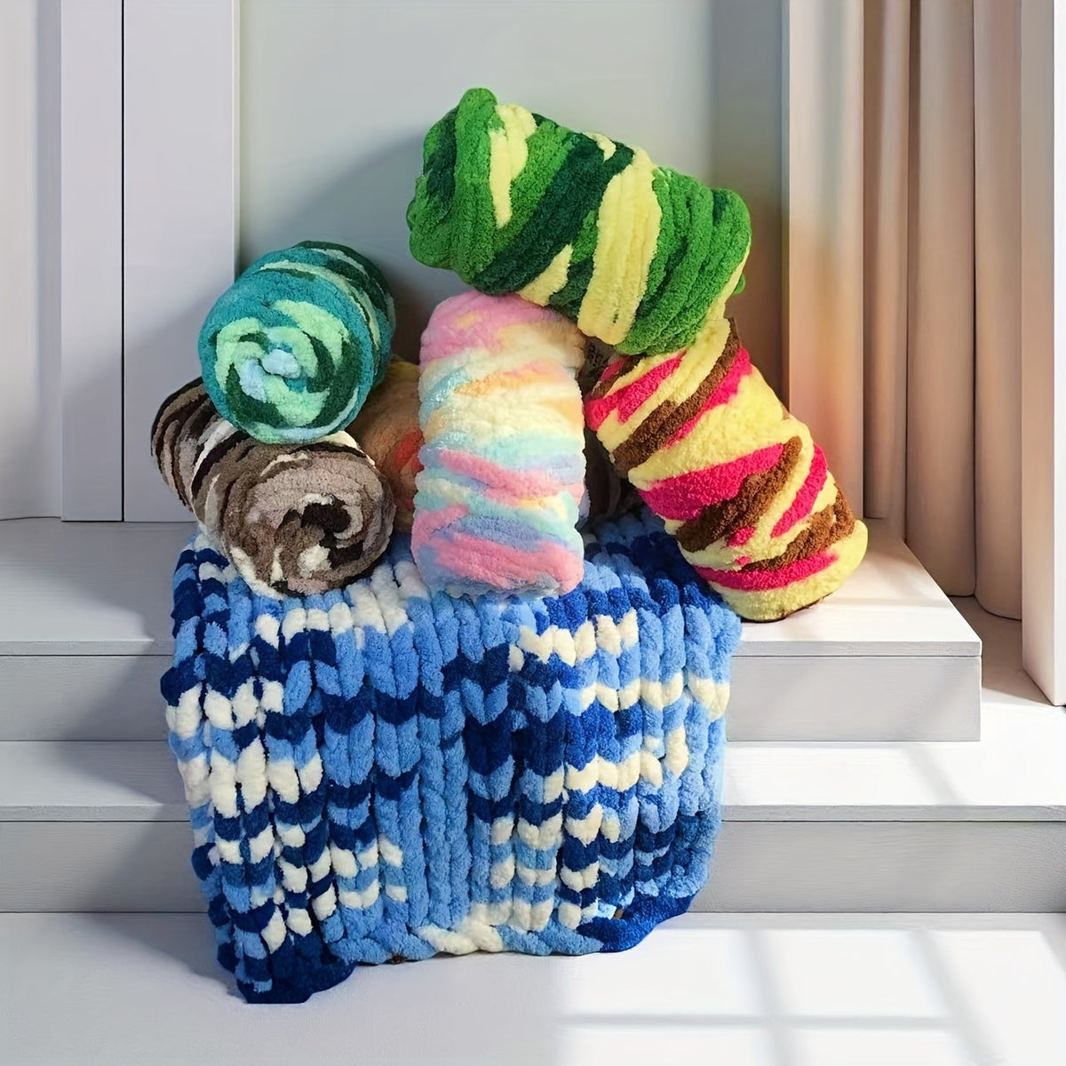 Fil chenille épais, 2 écheveaux de 500 g, laine pour tricot et crochet, rayé multicolore, polyester doux, extra épais, pelucheux, cadeau DIY pour femmes et hommes