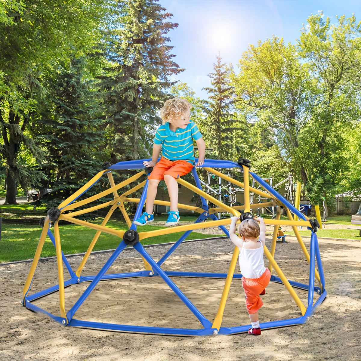 Dôme d'escalade d'extérieur de 6 pieds pour enfants, structure de jeu de jardin avec cadre en acier inoxydable résistant aux intempéries, capacité de 600 lb, centre d'activités sécurisé, cadeau pour garçons et filles de 3 à 10 ans, jaune et bleu