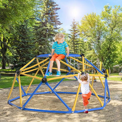 Dôme d'escalade d'extérieur de 6 pieds pour enfants, structure de jeu de jardin avec cadre en acier inoxydable résistant aux intempéries, capacité de 600 lb, centre d'activités sécurisé, cadeau pour garçons et filles de 3 à 10 ans, jaune et bleu