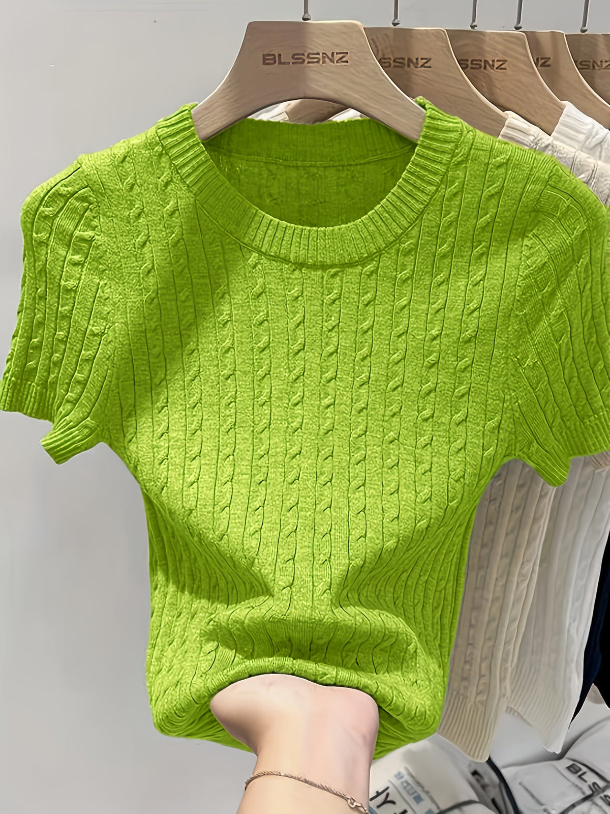Pull femme en jacquard à manches courtes, chic, tricot torsadé, col rond, ourlet et poignets côtelés, léger, viscose, printemps-été, décontracté, S M L XL XXL