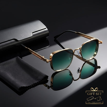 Lunettes de soleil carrées rétro steampunk pour hommes et femmes – Monture en métal vintage, verres dégradés verts, protection UV400, lunettes de fête, streetwear et festival avec étui et chiffon, idée cadeau unique