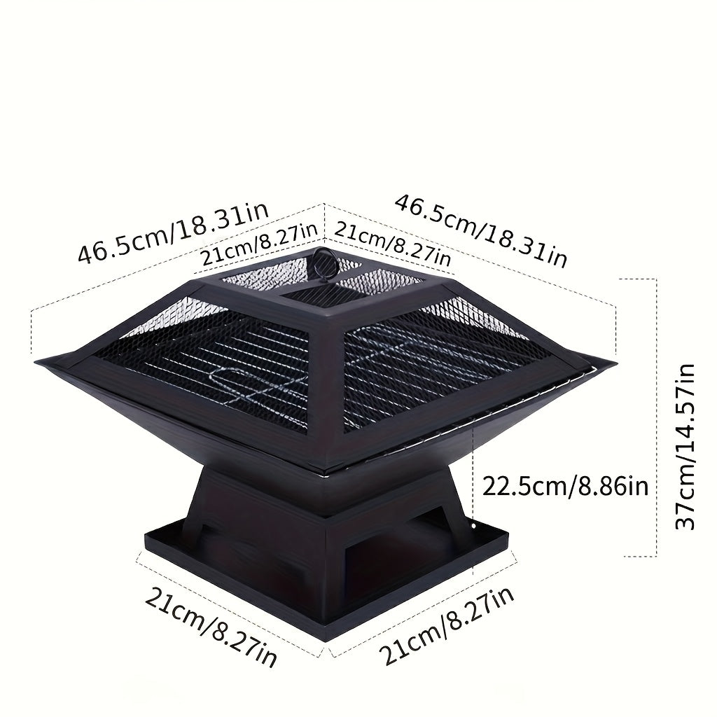 Brasero d'extérieur de 18,5 pouces, foyer robuste à bois avec grille de barbecue, cendrier, couvercle ignifuge et tisonnier – Chauffage de terrasse pour camping, pique-niques et réunions