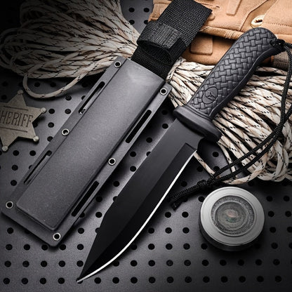 Couteau à lame fixe d'extérieur de 24,4 cm avec étui multifonction - Couteau droit noir et orange pour l'exploration en milieu sauvage, le canyoning, la randonnée en montagne et la chasse, conçu pour les hommes