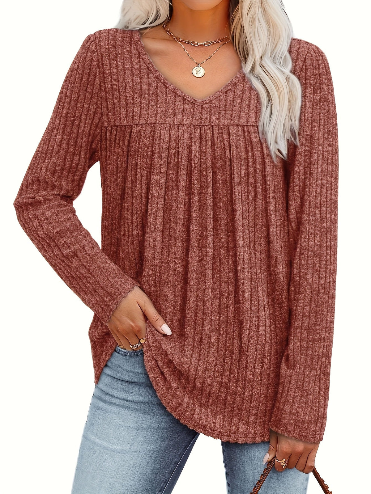 Haut-pull à manches longues et col en V pour femme – Chemisier décontracté et léger à pli frontal, chemise élégante et ample, plusieurs couleurs, tailles S à XXL
