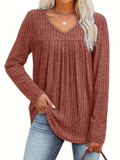 Haut-pull à manches longues et col en V pour femme – Chemisier décontracté et léger à pli frontal, chemise élégante et ample, plusieurs couleurs, tailles S à XXL