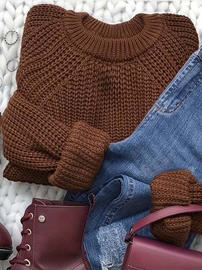 Pull-over oversize pour femme – Pull en tricot à manches longues, col rond, coupe ample et douce, haut confortable couleur unie pour l'automne et l'hiver, chemisier décontracté pour le quotidien, tailles S-XL, bordeaux, noir, bleu marine, café