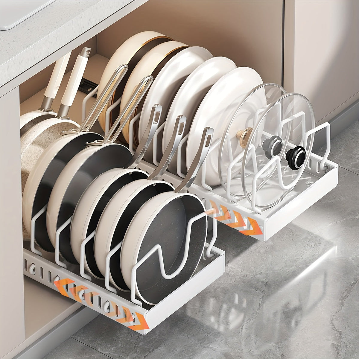 Organisateur de casseroles et poêles coulissant pour placards de cuisine – Rangement coulissant pour couvercles et ustensiles avec 8/16 séparateurs réglables pour couvercles, moules et assiettes, boîte de rangement pour placard, noir ou blanc