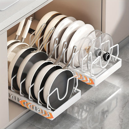Organisateur de casseroles et poêles coulissant pour placards de cuisine – Rangement coulissant pour couvercles et ustensiles avec 8/16 séparateurs réglables pour couvercles, moules et assiettes, boîte de rangement pour placard, noir ou blanc