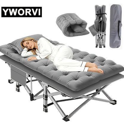 Lit de camping pliant avec matelas et poches latérales – Lit de camp portable robuste pour adultes, lit d'appoint pliable pour le camping, l'extérieur, la terrasse, le bureau ou la chambre d'amis