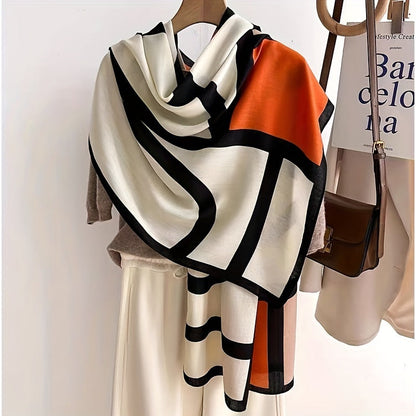 Écharpe et châle color-block en viscose pour femme – Accessoire doux et respirant à motif géométrique, coupe-vent et protection solaire pour les sorties décontractées et les voyages, léger, facile d'entretien et lavable à la main, beige kaki orange