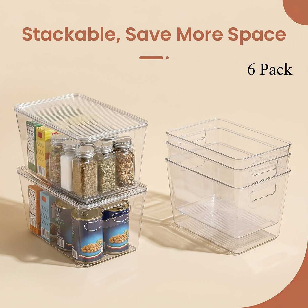 Lot de 6 bacs de rangement transparents empilables avec couvercles et poignées – Récipients organisateurs de garde-manger en plastique moyen pour cuisine, réfrigérateur, placard, armoire et salle de bain | 25,4 x 15,2 x 12,7 cm chacun