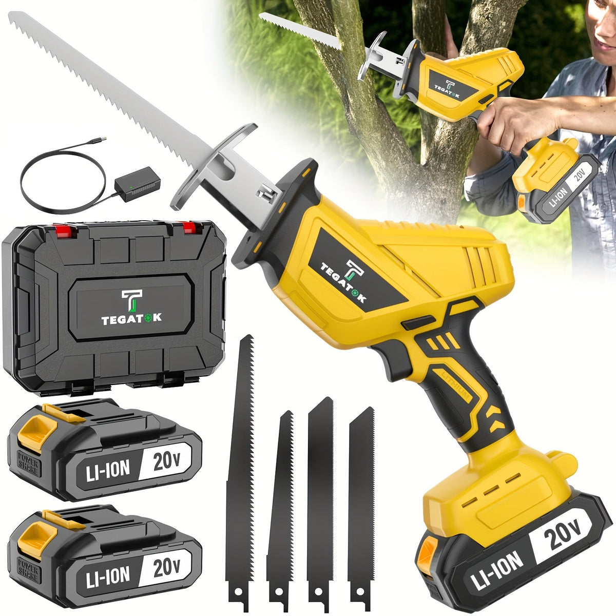 Scie alternative sans fil avec éclairage LED et verrouillage de sécurité | Scie électrique polyvalente, lames remplaçables, boîte à outils incluse – Options 1 ou 2 batteries, jaune/vert/rouge