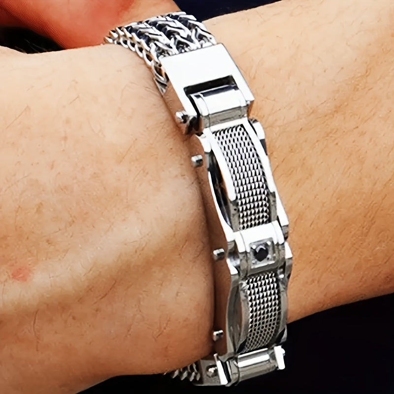 Bracelet de motard hip-hop pour homme en acier inoxydable, style punk rock, avec fermoir magnétique et pierres synthétiques, bijou pour soirée en boîte de nuit ou mariage