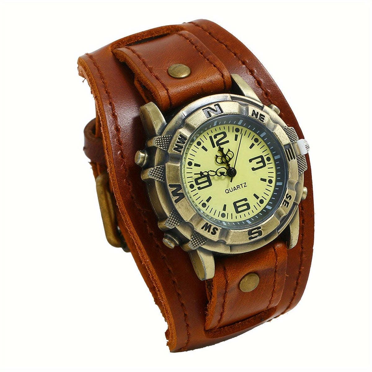 Montre à quartz analogique unisexe style steampunk vintage avec large bracelet en cuir – Style biker, boîtier rond, marron foncé, noir, marron, cadeau pour Halloween, Noël, fête des Pères