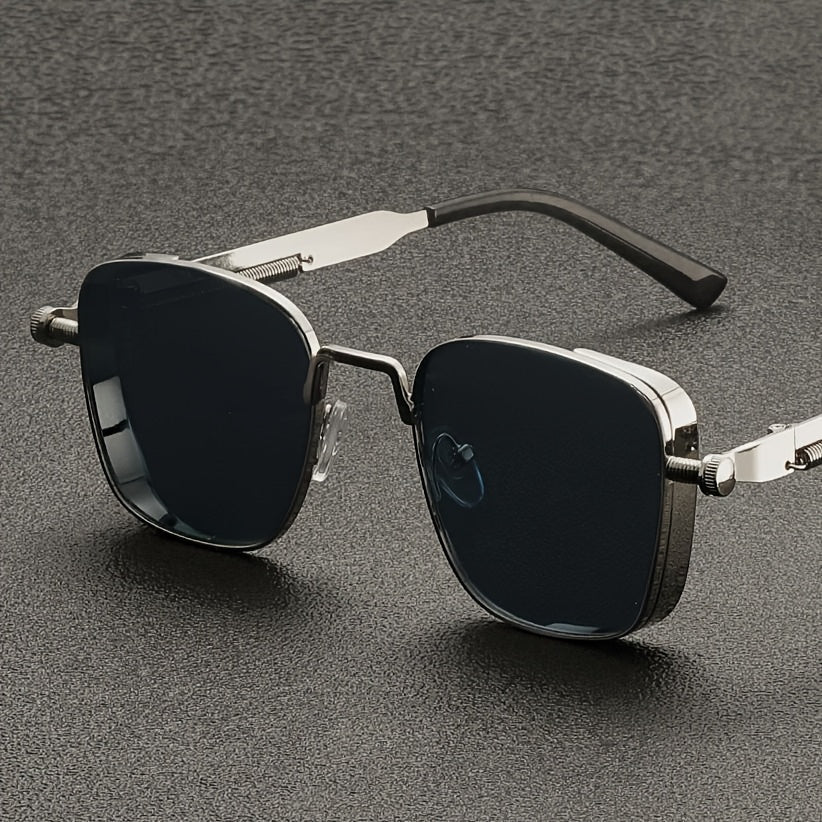 Lunettes de soleil carrées rétro steampunk pour hommes et femmes – Monture en métal vintage, verres dégradés verts, protection UV400, lunettes de fête, streetwear et festival avec étui et chiffon, idée cadeau unique