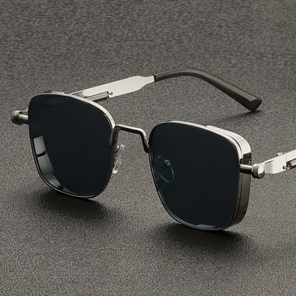 Lunettes de soleil carrées rétro steampunk pour hommes et femmes – Monture en métal vintage, verres dégradés verts, protection UV400, lunettes de fête, streetwear et festival avec étui et chiffon, idée cadeau unique