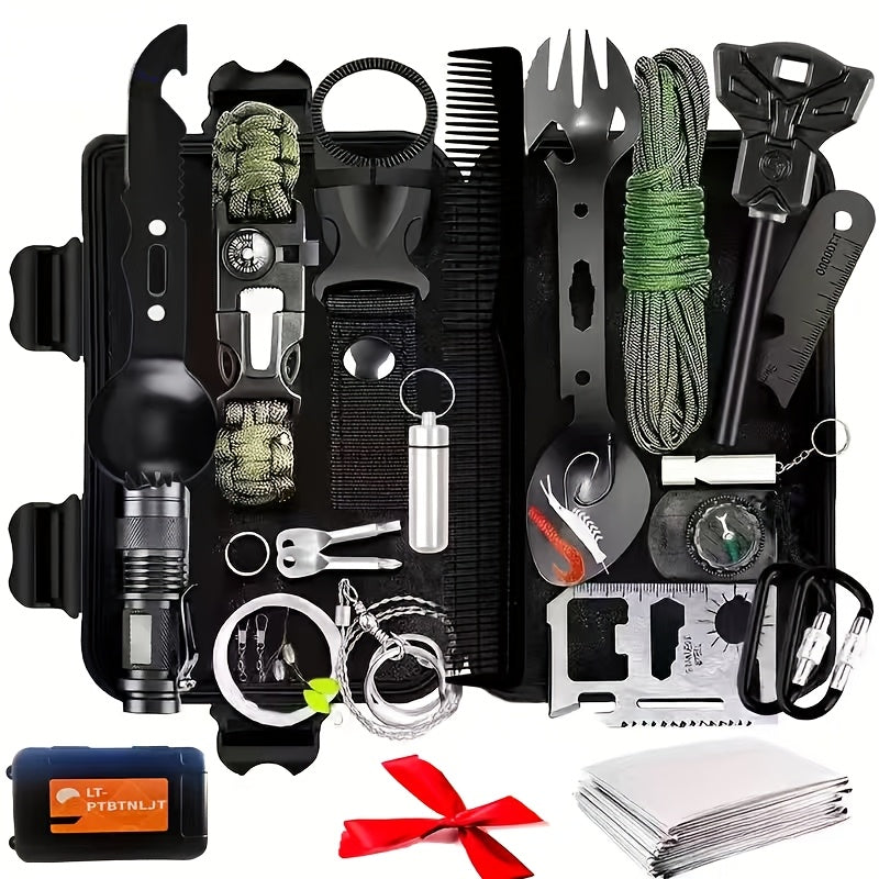 Kit de survie pour homme, ensemble d'équipement d'urgence de 12 à 115 pièces avec pierre à feu et multi-outil pour camping, randonnée, chasse, pêche, aventure en plein air, cadeau pour papa ou mari