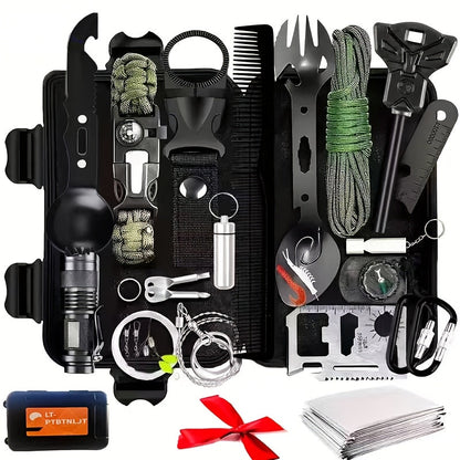 Kit de survie pour homme, ensemble d'équipement d'urgence de 12 à 115 pièces avec pierre à feu et multi-outil pour camping, randonnée, chasse, pêche, aventure en plein air, cadeau pour papa ou mari