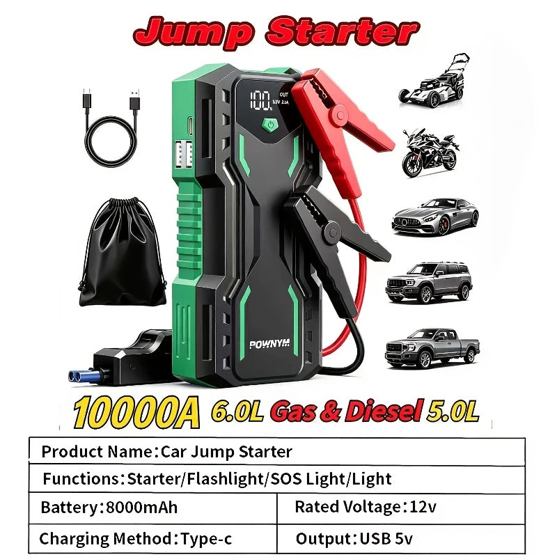 Démarreur de batterie 10000A 7-en-1 avec compresseur d'air 150PSI – Booster de batterie portable pour moteurs essence et diesel, pompe haute pression, kit d'urgence pour véhicule, batterie externe