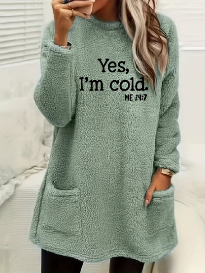 Women's Double-Sided Letter Print Sweatshirt – 100% Polyester Crew Neck Long Sleeve Casual Pullover with Pocket for Fall Winter
