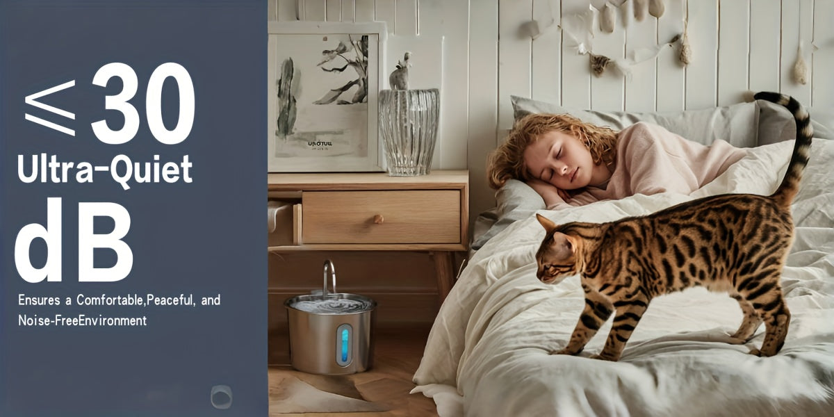 Fontaine à eau pour chat en acier inoxydable 2,2 L - Pompe USB ultra-silencieuse, débit type robinet, filtre à 3 étapes et fenêtre de niveau d'eau visible, fontaine automatique pour chats et petits chiens en intérieur