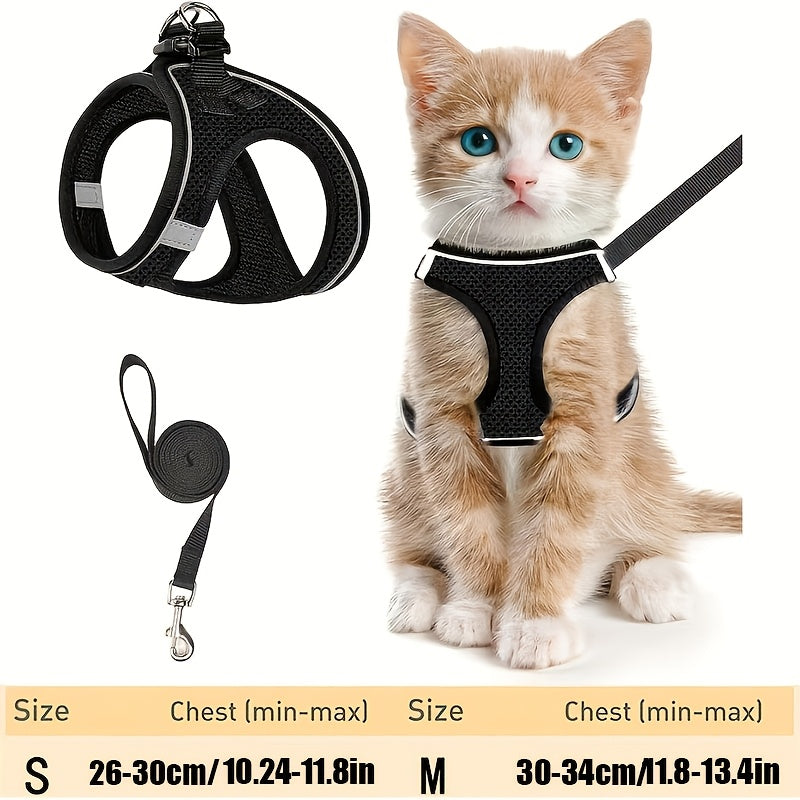 Harnais et laisse anti-fugue pour chatons - Harnais gilet en maille souple réfléchissante pour des promenades en extérieur en toute sécurité, veste de marche réglable et respirante pour chat, noir et rose, taille S