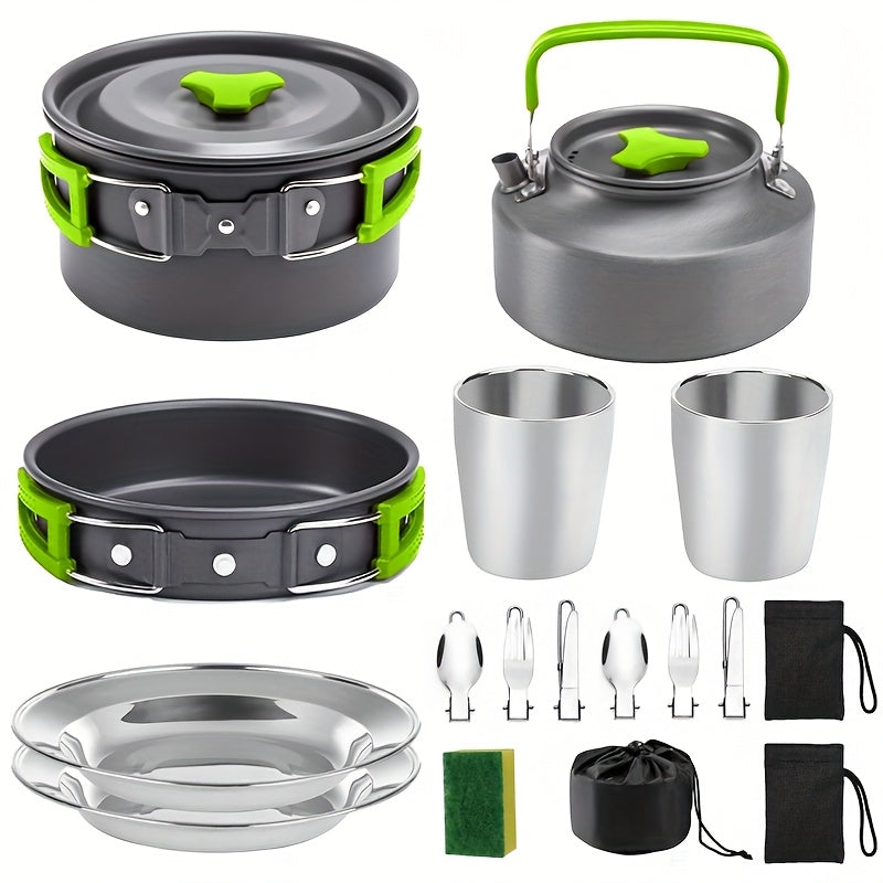 Set de cuisine de camping portable pour 2-3 personnes – Casserole antiadhésive, poêle et bouilloire avec rangement pliable, kit de cuisine d'extérieur léger pour la randonnée, le trekking et les voyages