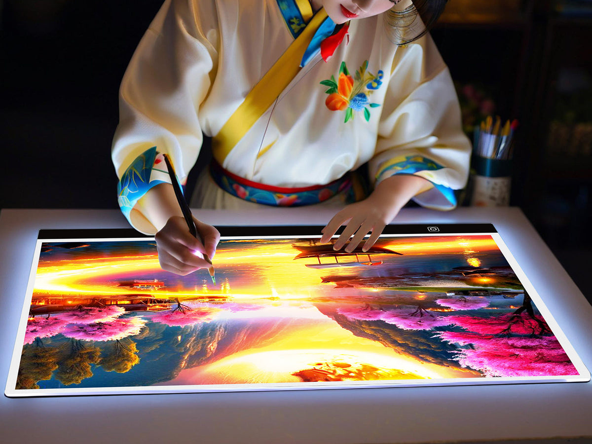 Tablette lumineuse de traçage LED A2 – Table lumineuse ultra-fine à contrôle tactile variable pour peinture au diamant, croquis, animation, transfert de tatouage et streaming, alimentée par USB, LED respectueuses des yeux, compatible Mac/PC | Velora