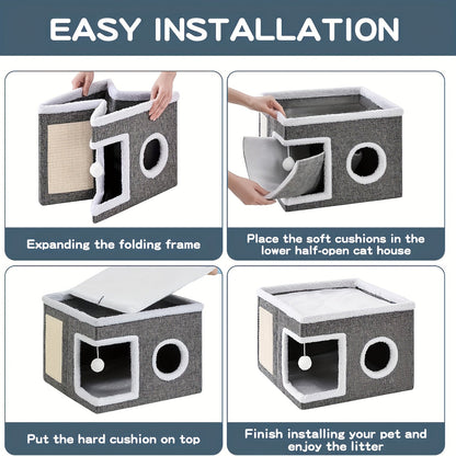Maison à étages pour chat avec lit à 2 niveaux, tunnel de jeu, griffoir pliable et tapis douillet – Condo d'intérieur pour chat toutes saisons avec balle suspendue en peluche, cadre en nylon et toile, design pliable
