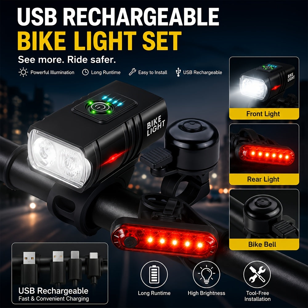 Ensemble d'éclairage de vélo rechargeable par USB ultra-lumineux – Phare avant LED 1200 mAh et feu arrière 330 mAh, 6+4 modes, faisceau large 180°, sonnette de sécurité incluse, pour vélo de route, VTT et cyclisme de nuit