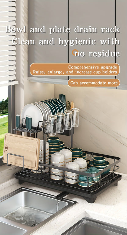 Égouttoir à vaisselle en métal à 2 niveaux avec porte-couverts, porte-gobelets et plateau d'égouttage antirouille – Égouttoir compact pour plan de travail de cuisine, égouttoir en acier durable pour tous types de surfaces