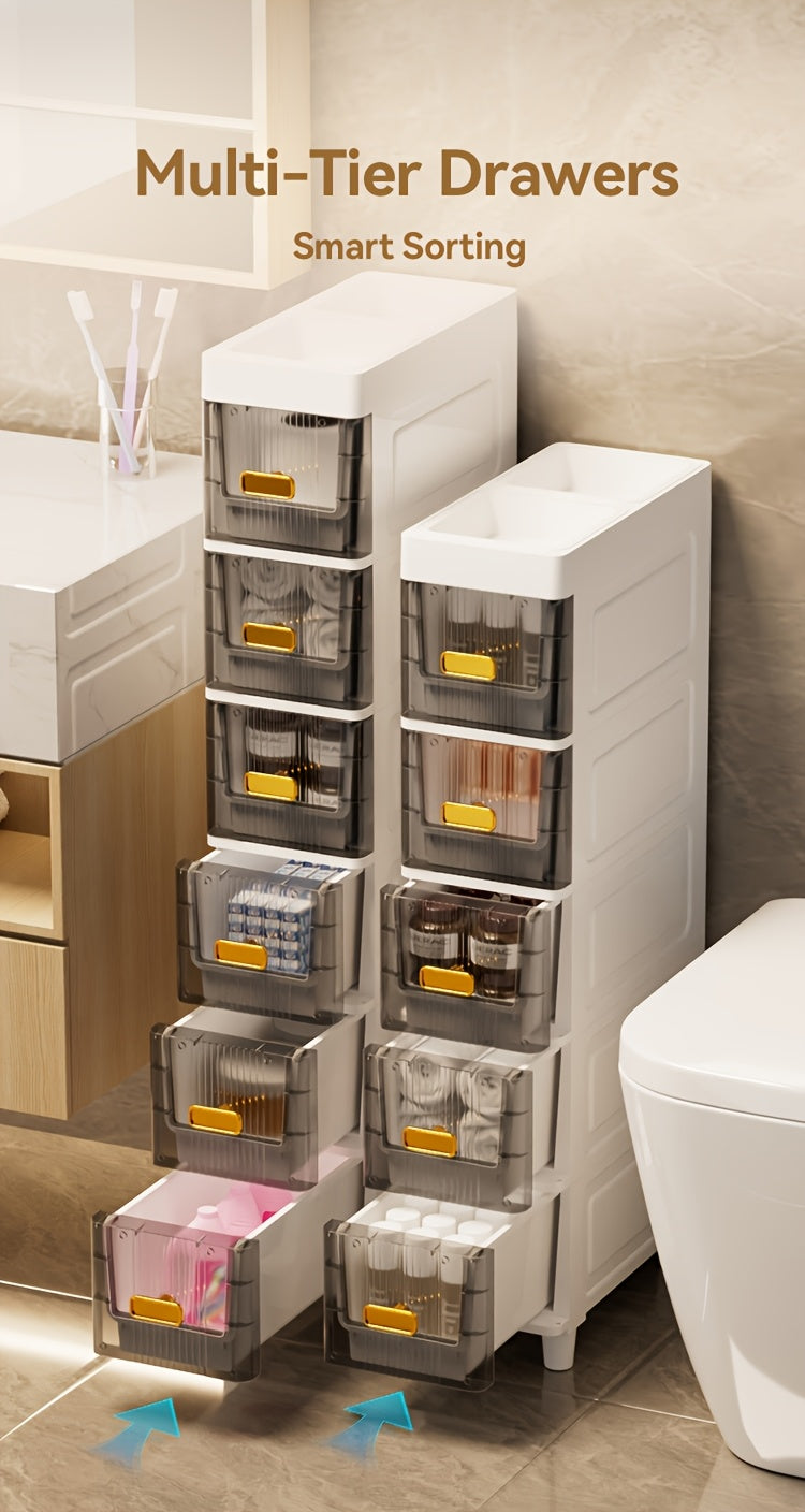 Meuble de rangement fin à roulettes avec tiroirs, organisateur en PP imperméable à 3, 4, 5 ou 6 niveaux pour salle de bain, cuisine, chambre, petits espaces – Tour de rangement étroite