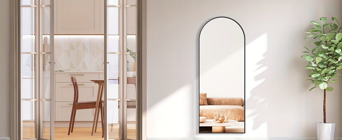 Miroir pleine longueur arqué avec support 64x21 / 59x16 pouces, miroir de sol en verre nano incassable avec cadre en alliage d'aluminium, miroir pleine longueur sur pied pour chambre, salon, vestiaire, décoration murale