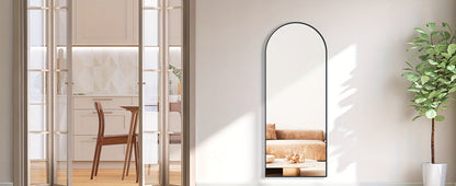 Miroir pleine longueur arqué avec support 64x21 / 59x16 pouces, miroir de sol en verre nano incassable avec cadre en alliage d'aluminium, miroir pleine longueur sur pied pour chambre, salon, vestiaire, décoration murale